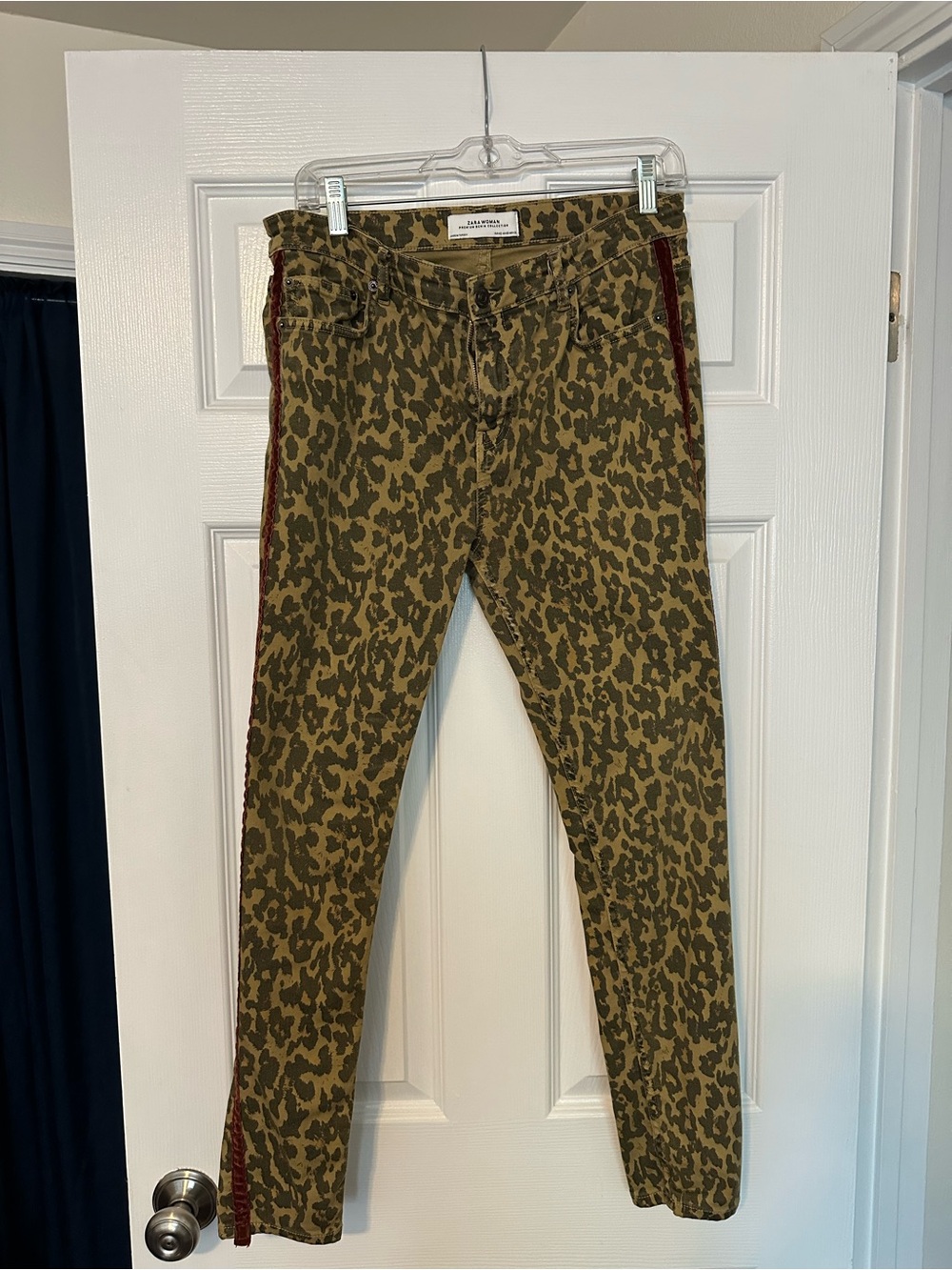 Zara Olive Green Leopard Print High Rise Jeans with Burgundy Side Stripe